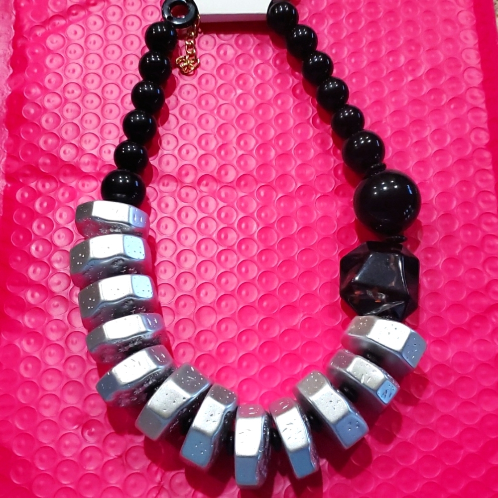 "Errielle" Bead Black and Silver Statement Necklace